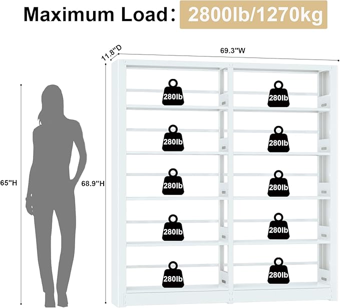5-Tier Industrial White Metal Bookshelf - Freestanding Tall Storage Organizer for Living Room &amp; Home Office, BSJ175-2