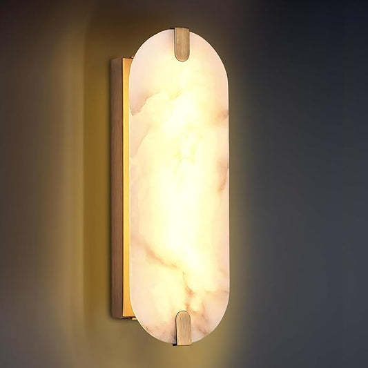 14.17in Alabaster Wall Sconces, Natural Marble Wall Light, Modern LED Alabaster Sconces for Living Room Indoor Wall Lamps for Dining Room Stairs Bedroom,Brushed Gold