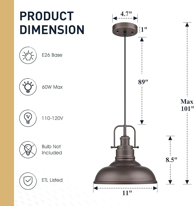 zeyu 2 Pack Farmhouse Pendant Light Fixtures, 11-inch Ceiling Hanging Light Fixtures for Kitchen Dining Room, Oil Rubbed Bronze Finish, 016-1-2PK ORB