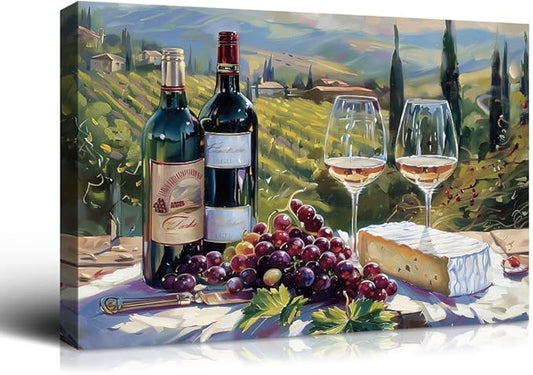superbpag - Wine and Vineyard Canvas Wall Art, Tuscan Vintage Kitchen Oil Painting Art Print, Wine Bottle and Grapes Still Life Landscape Painting Living Room Home Decor 18x12 Inch