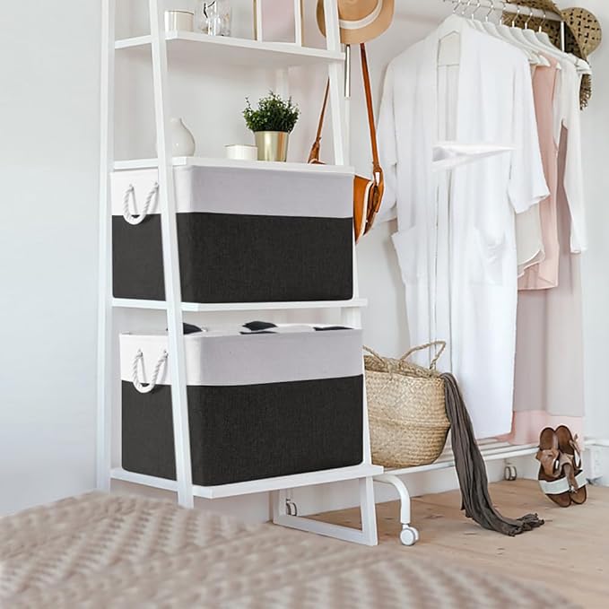 TheWarmHome Organization and Storage for Shelves - Extra Jumbo 3 Pack 20.5x15.7x13.8 inch Fabric Storage Basket for Organizing, Storage Bins for Shoes Towel Blanket (White &amp; Black)
