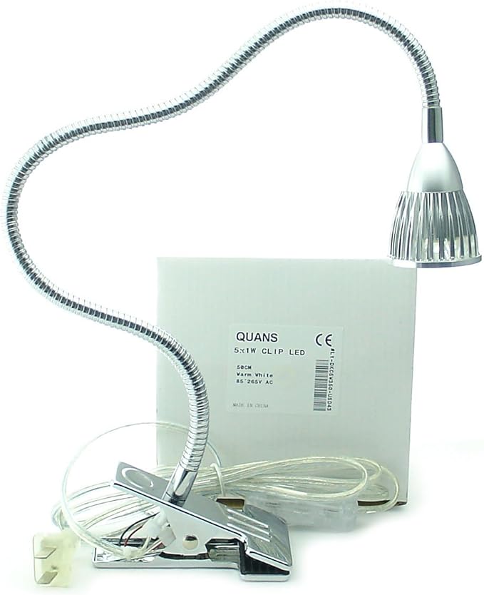 QUANS 5W 5x1W Cool White Clamp Clip on 19inch Flexible Gooseneck High Power LED Desk Table Sewing Study Work Bedside Reading Swing Arm Light Lamp,Ultra Bright Silver 110V US Plug