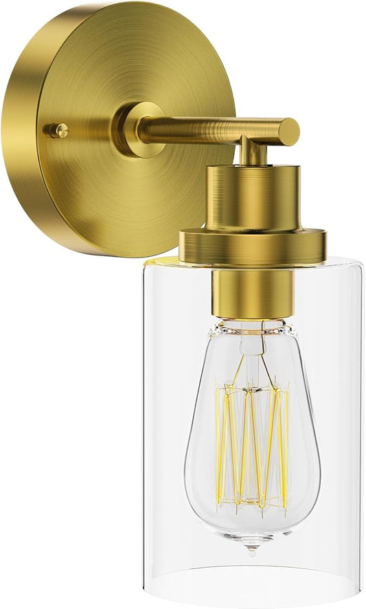GORDNWE 1-Light Bathroom Wall Sconce, Brushed Gold Vanity Light, Modern Wall Light Fixture with Clear Glass Shade and E26 Bulb Base, Wall Lamp Wall Mount Light Fixtures for Mirror, Bedroom, Hallway