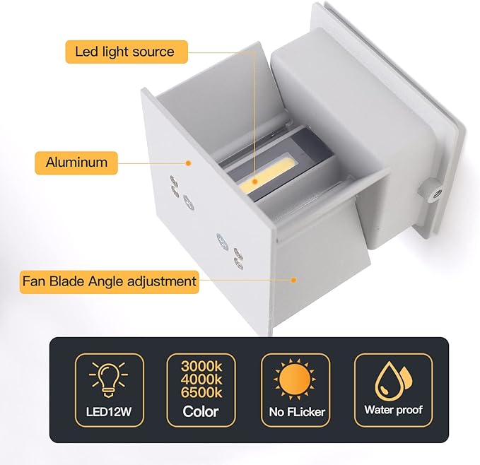 12W 2Pack Outdoor Wall Lights Exterior/Interior,LED White Outdoor Wall Sconces Light Fixtures Modern,IP65 Waterproof Square Aluminum Wall Lamps, Up and Down Lights 3000K Warm Lights
