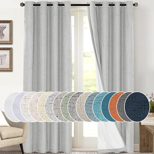 PrinceDeco 100% Blackout Curtains 108 Inches Long 2 Panels Set Burlap Vintage Open Linen Weave Flax Thermal Curtains with White Liner Soundproof Window Treatment Drapes for Nursery, Glacier Grey