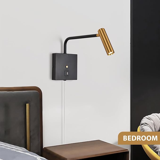 ZEROUNO LED Wall Lamp Wall Mounted Reading Lights, Dimmable Adjustable Headboard Plug in Wall Sconce with USB C+A Ports, Indoor LED Wall Lighting for Bedroom Bedside 3000K 2 Pack