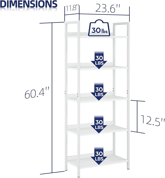 NUMENN Bookshelf, 5 Tier Bookshelfs, Home Office Bookcase Shelf Storage Organizer, Free Standing Storage Shelving Unit for Bedroom, Living Room and Home Office, White