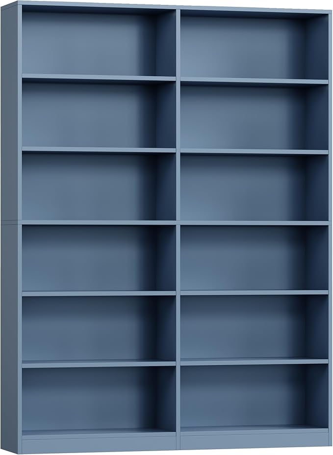 Bookshelf and Bookcase, 6-Tier Double Wide Bookshelfs, Freestanding Display Storage Shelves, Tall Bookcases for Home Decor Bedroom, Living Room, Home Office, Blue