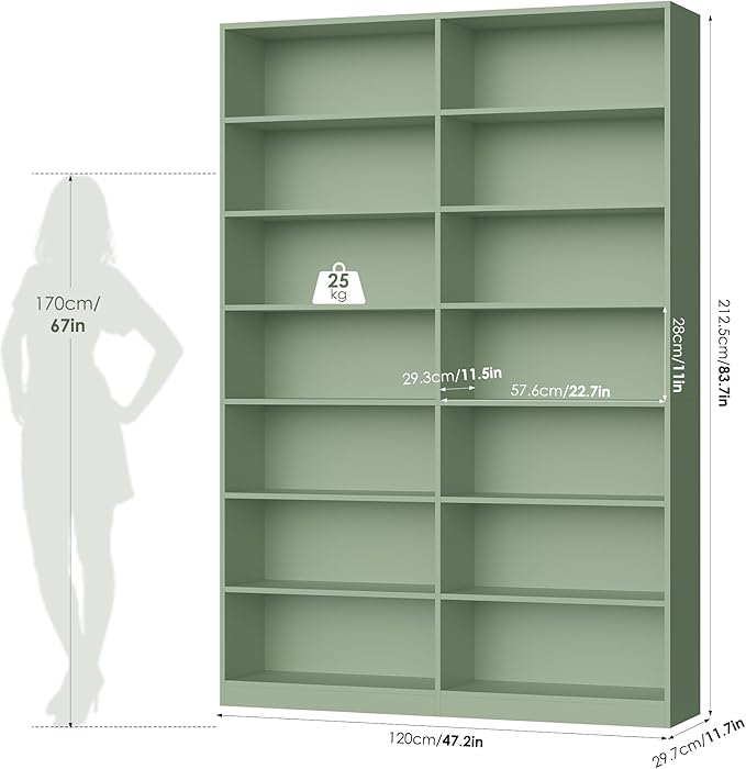 83.6" Tall Bookshelf and Bookcase, 7-Tier Extra Large Bookshelf with Double Storage, 14 Open Display Shelves for Home Office, Study and Living Room, Green