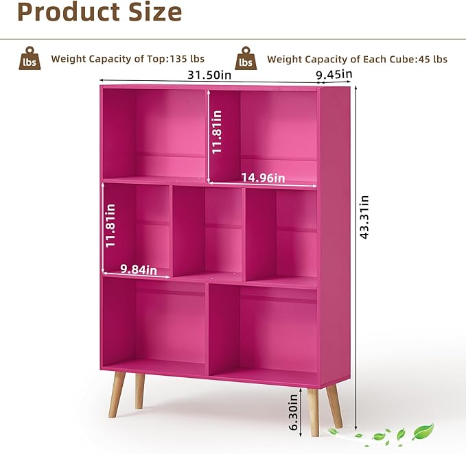 LEYAOYAO 7 Cube Bookshelf,3 Tier Book Shelf with Legs,Pink Modern Bookshelf,Large Freestanding Open Toy Modern Bookshelf,Display Bookcases Decor Furniture for Nursery