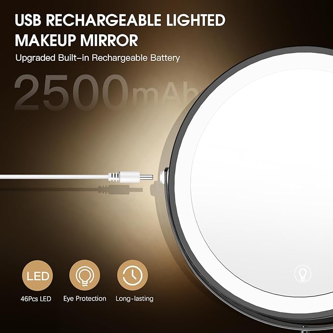 Wall Mounted Lighted Makeup Mirror, 8" Rechargeable Double-Sided Light up Magnifying Mirror 1x/10x,3 Color Led Vanity Mirror with Lights,Touch Dimmable 360° Rotation Foldable-Black