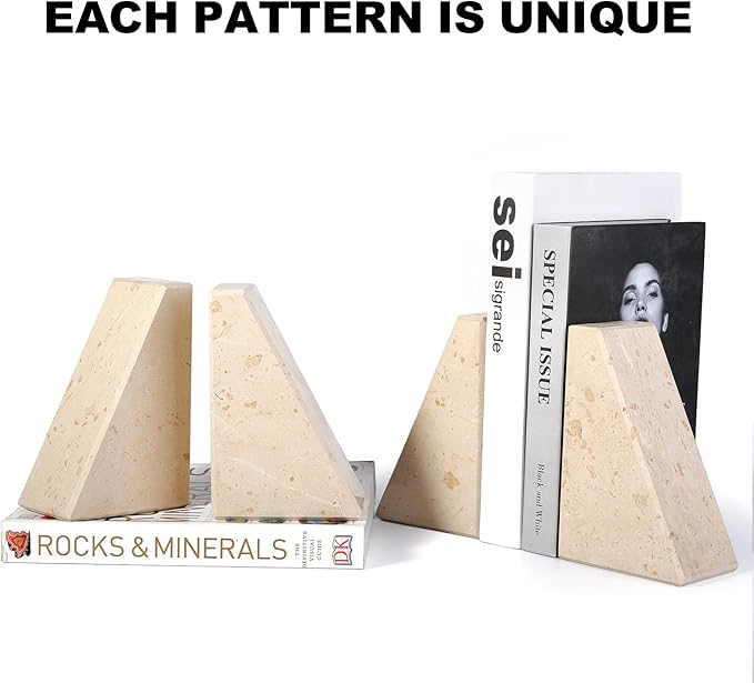 Marble Bookends for Heavy Books, Decorative Book Ends for Shelves, Beige Stone Durable and Heavy-Duty Book Ends for Hardback Books &amp; CDS, Unique Book Stopper &amp; Holder, Set of 2