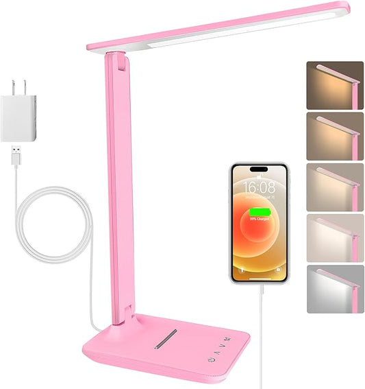 White crown LED Desk Lamp Dimmable Table Lamp Reading Lamp with USB Charging Port, 5 Lighting Modes, Sensitive Control, 30/60 Minutes Timer (Pink, First-Generation)