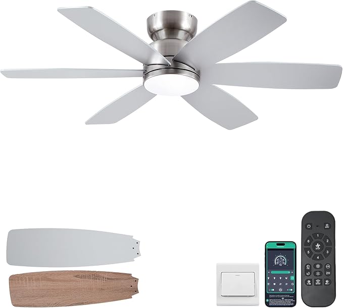 46 inch Ceiling Fans with Lights and Remote/APP Control, Low Profile Ceiling Fan with Light, Flush Mount, 3CCT, 6 Reversible Blades 6 Speeds Modern Ceiling Fan for Bedroom Living Room, Nickel