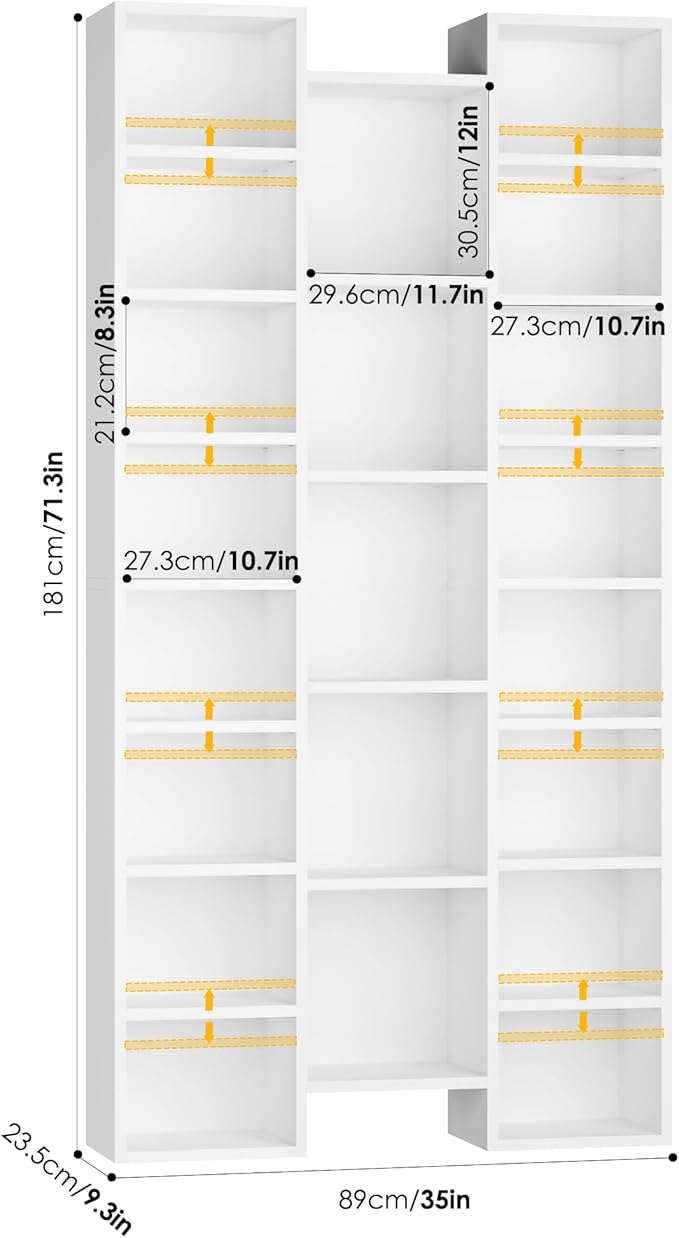FOTOSOK 71’’White Bookshelf, Triple Wide Bookshelf with Adjustable Shelves, 8 Tier Media CD DVD Storage Tower Rack, Diaplay Cabinet Shelf, Tall Bookcase for Home Office, White