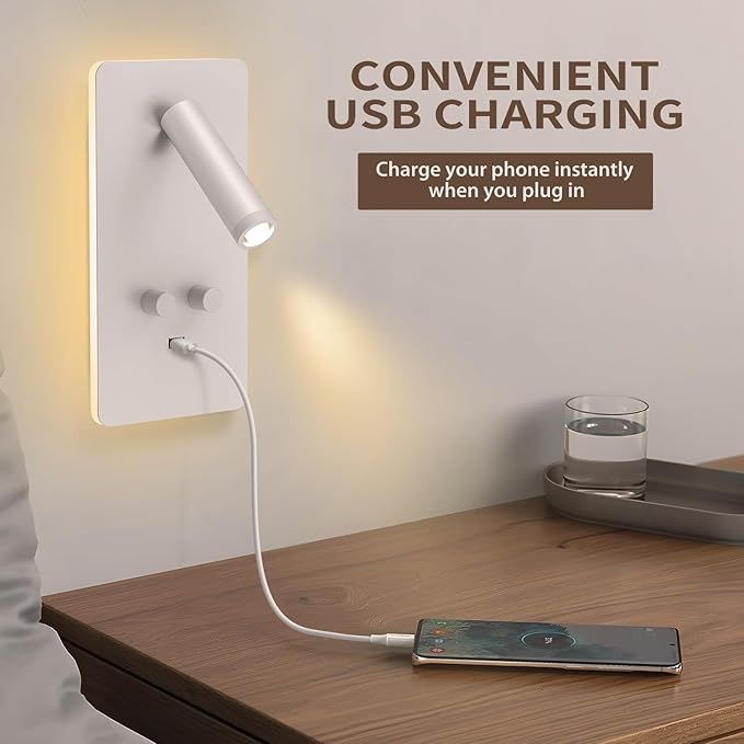M04 Dimmable Wall Mounted Sconces Reading Light Bedside Lamp with USB Port Headboard Plug in Hardwire Wall Lamps Sconces Adjustable Headboard 0.9-3.7 Spotlight + 1.2-6W Backlight