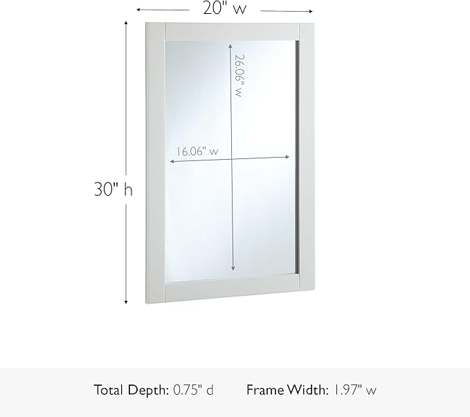 Design House Shorewood Rectangular Wall Accent Mirror – 30-Inch HX 20-Inch L, Traditional Wood Framed – Living Room, Bedroom, Bathroom Vanity Mirror – White, 547208-WHT