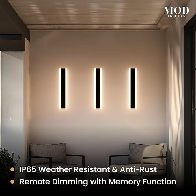 𝗠𝗢𝗗 𝗟𝗜𝗚𝗛𝗧𝗜𝗡𝗚 Haylen | Waterproof Outdoor Wall Light, LED Dimmable with Remote 3000K-6000K, Long Outdoor Porch Lights, Wired Lighting Fixture, Patio Exterior Wall Sconce, 2-Pack (Black, 24")