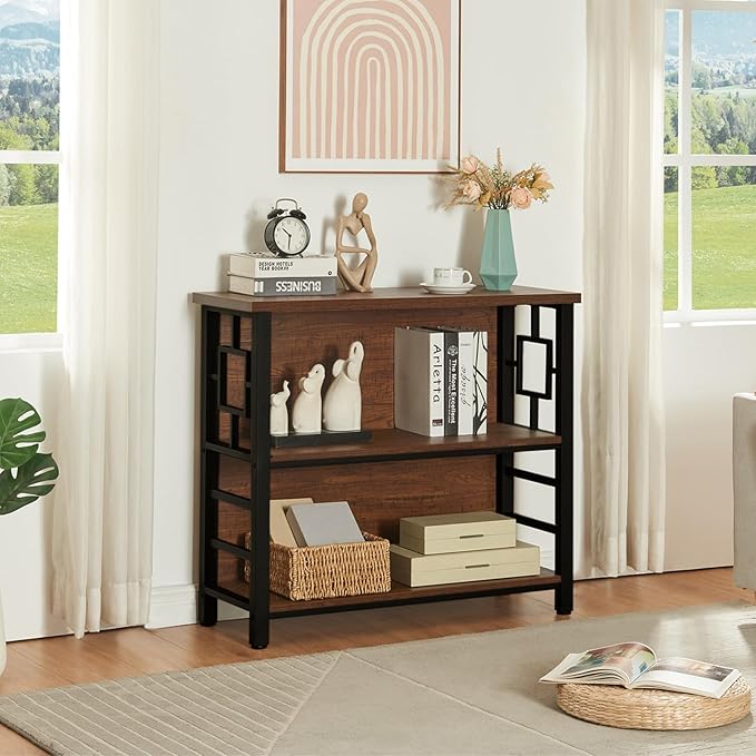 HOMISSUE Book Shelf, 3 Tier Deep Bookshelf with Storage, Engineered Wood and Metal Shelf Bookcase, Low Short Bookcases for Small Space, Living Room, Bedroom, Office, Rustic Brown