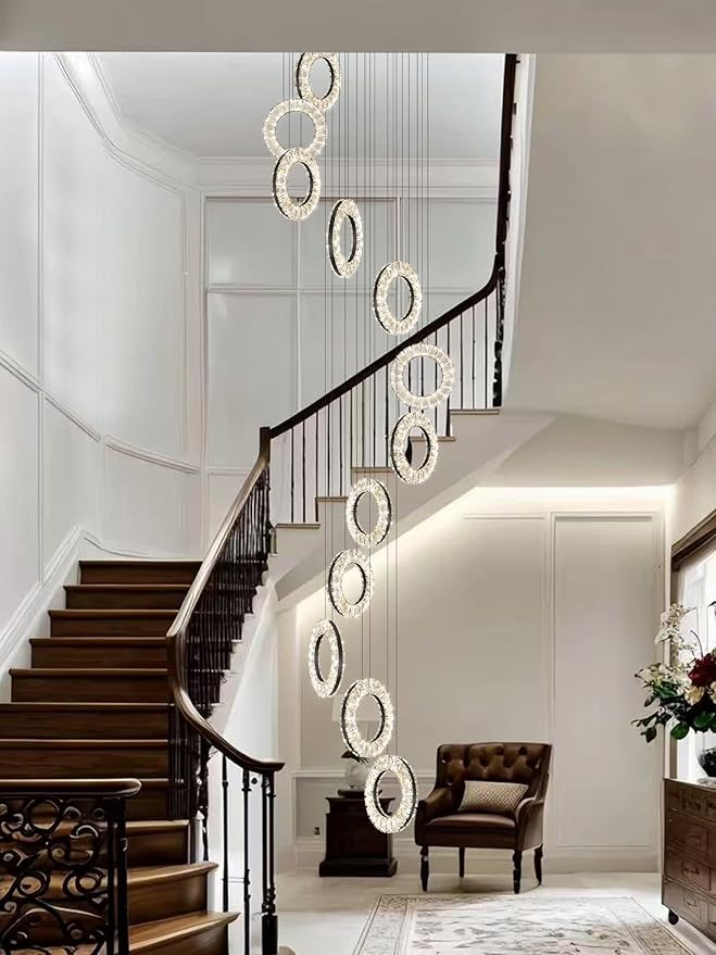 16 Rings High Ceiling Chandelier,Black Rings Chandeliers Staircase Chandelier for High Ceilings,Foyer Chandeliers Entryway High Ceilings