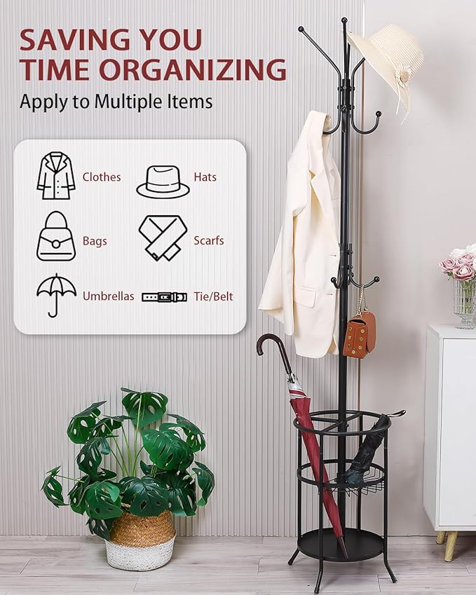 Metal Coat Rack, Freestanding Coat Rack Stand with Umbrella Holder, Coat Tree with 12 Hooks for Clothes Hats Bags, Modern Coat Hanger Stand for Entryway Living Room Bedroom Office Use, Black