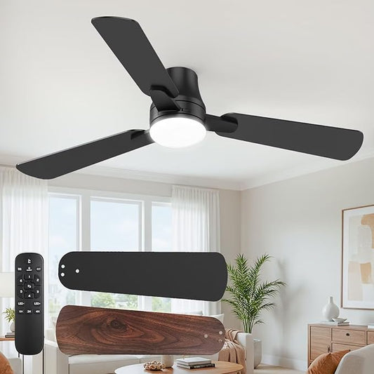 Ceiling Fans with Lights and Remote: 42 Inch Modern Black Ceiling Fan, Low Profile Flush Mount, Quiet Reversible DC Motor &amp; 3CCT Dimmable LED for Bedroom Living Room Kitchen Indoor Outdoor