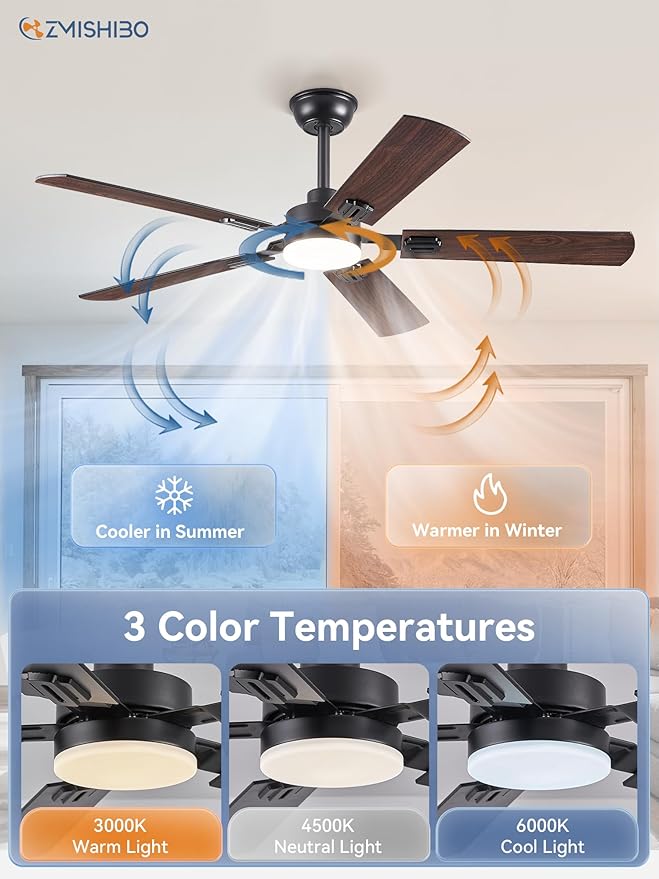 ZMISHIBO 52" Ceiling Fans with Lights, Black Modern Ceiling Fan with Remote, Farmhouse Indoor Ceiling Fan with Dual Finish Blades, Quiet & Strong Motor, Bright LED Light.