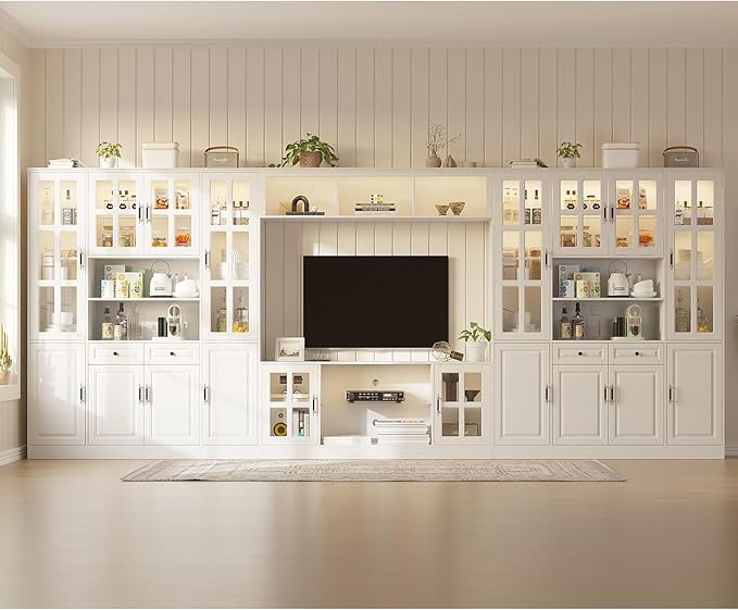 MEISSALIVVE 4-Piece Wall Unit TV Stand with Storage & LED Lights for TVs up to 75", Modern Entertainment Center with Bookshelves & 8-Door Pantry Cabinet, White