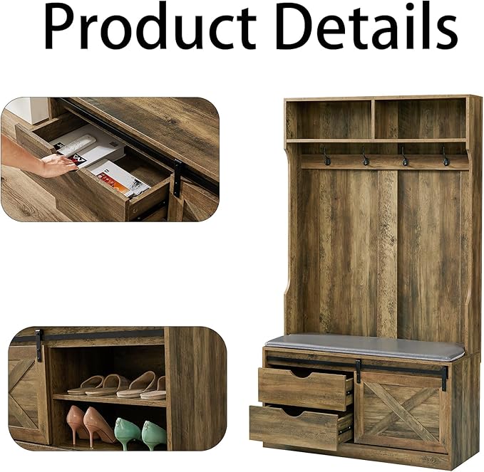 Hall Tree with Storage, Coat Rack with Shoe Storage, 6-in-1 Farmhouse Hall Tree with Hooks, Shoe Racks with Coat Rack for Entryway, Hallway, Walnut