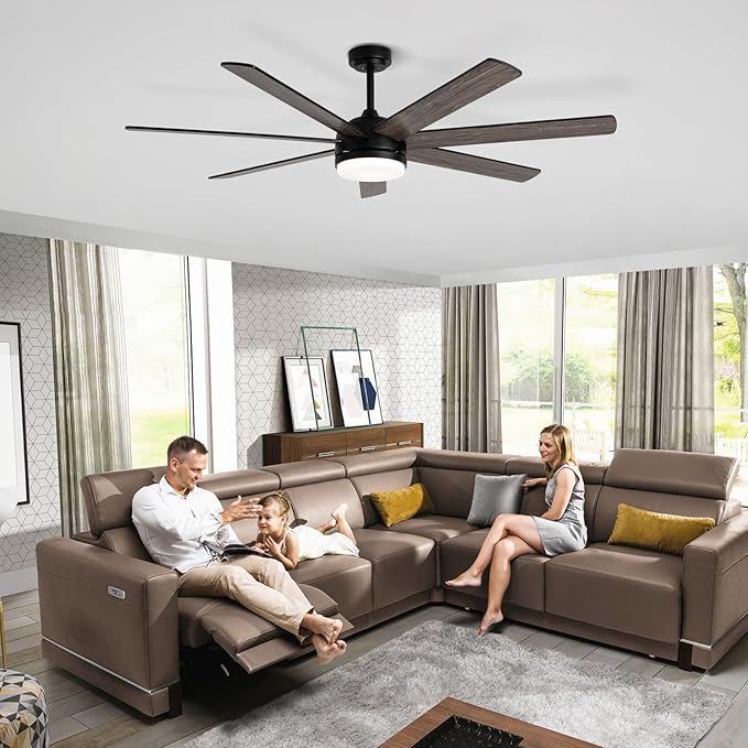 62 Inch Ceiling Fan, Outdoor Black Ceiling Fan with Light and Remote, 6-Speeds Reversible Motor, 7 Two-sided Blades Dimmable Noiseless, for Indoor Bedroom/Outdoor