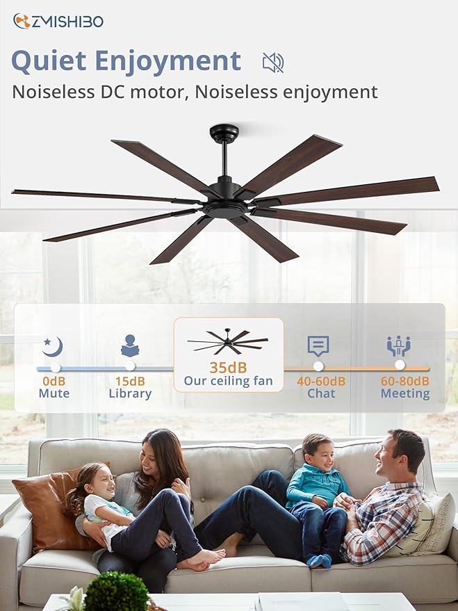 ZMISHIBO 80 Inch Ceiling Fan No Light with Remote Control, 8 Blades Quiet DC Reversible Motor, 6-Speed, Timer, Black Finish, Indoor Outdoor Ceiling Fans for Patios, Living Room, Garage