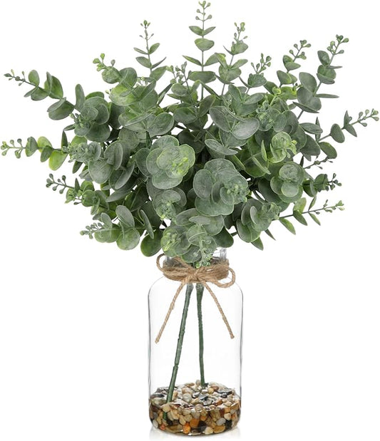 Hollyone Artificial Eucalyptus Stems in Glass Vase with Faux Water and Stones, 14.6" Fake Plants Eucalyptus Leaves with Seeds Branch for Indoor Shelf Desk Home Bathroom Wedding Table Centerpiece Decor