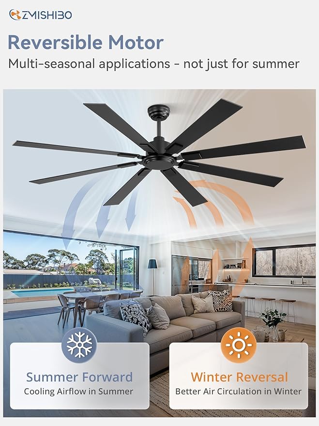 ZMISHIBO 72 Inch Ceiling Fan No Light with Remote Control, 8 Blades Quiet DC Reversible Motor, 6-Speed, Timer, Black Finish, Indoor Outdoor Ceiling Fans for Patios, Living Room, Garage