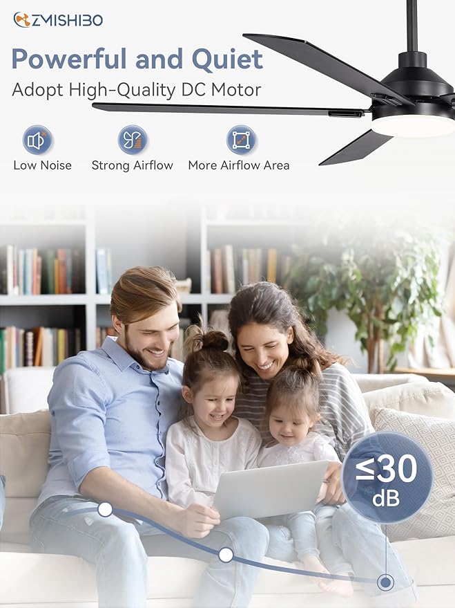 ZMISHIBO 60" Ceiling Fans with Lights, Black Modern Ceiling Fan with Remote, Farmhouse Indoor Ceiling Fan with Dual Finish Blades, Quiet & Strong Motor, Bright LED Light.