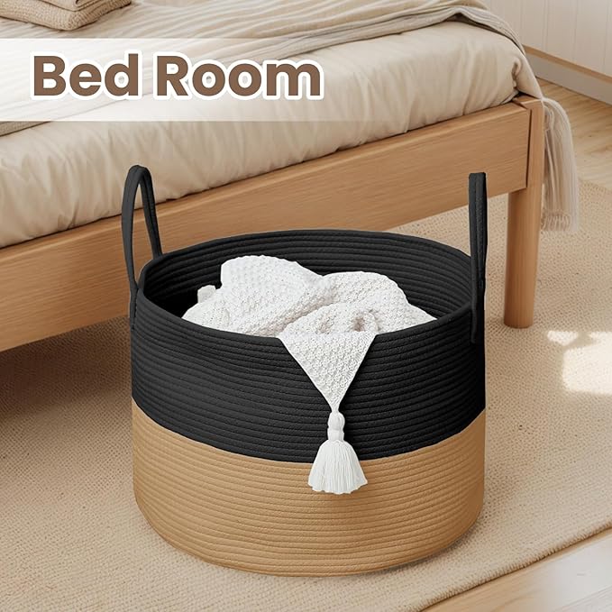 Woven Blanket Basket,65L Large Rope Storage Bin with Handles, Organizer for Blankets Toys Book and Clothes, Laundry Basket for Living Room Bedroom Nursery,Black&amp;Jute
