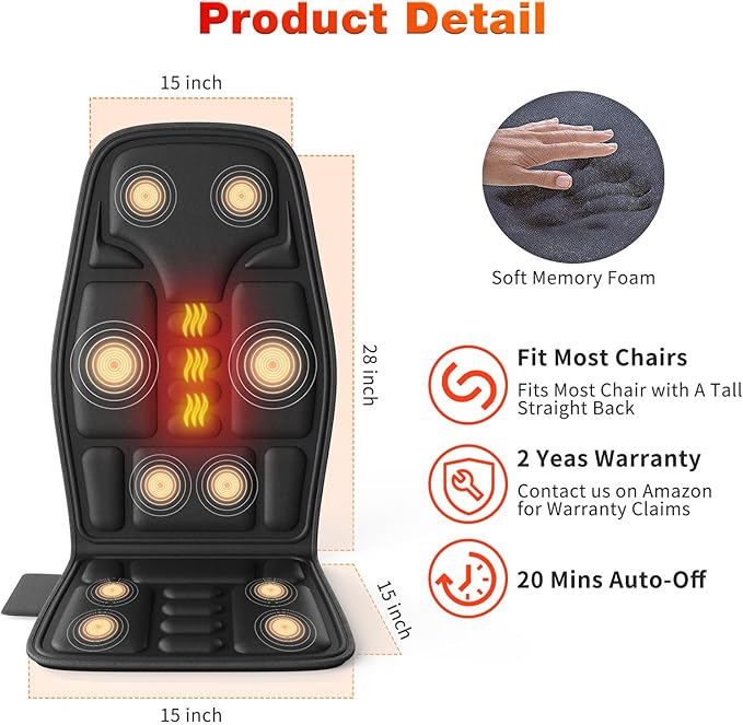 Back Massager with Heat for Pain Relief, Back Massage Chair Pad, Full Body Massage, Deep Tissue Vibration Massager with 2 Adapters, Office and Recliner