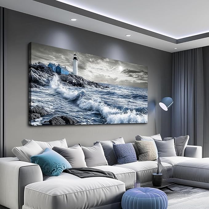 ZUITINGHUA Canvas Wall Art For Living Room Large Wall Decor For Office Bedroom Decorations Wave Landscape Pictures Watch Tower Painting Artwork Room Wall Mural Aesthetic Home Decor 30x60 In