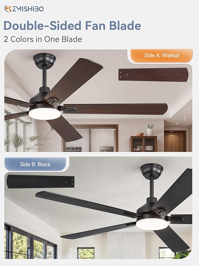ZMISHIBO 60" Ceiling Fans with Lights, Black Modern Ceiling Fan with Remote, Farmhouse Indoor Ceiling Fan with Dual Finish Blades, Quiet & Strong Motor, Bright LED Light.