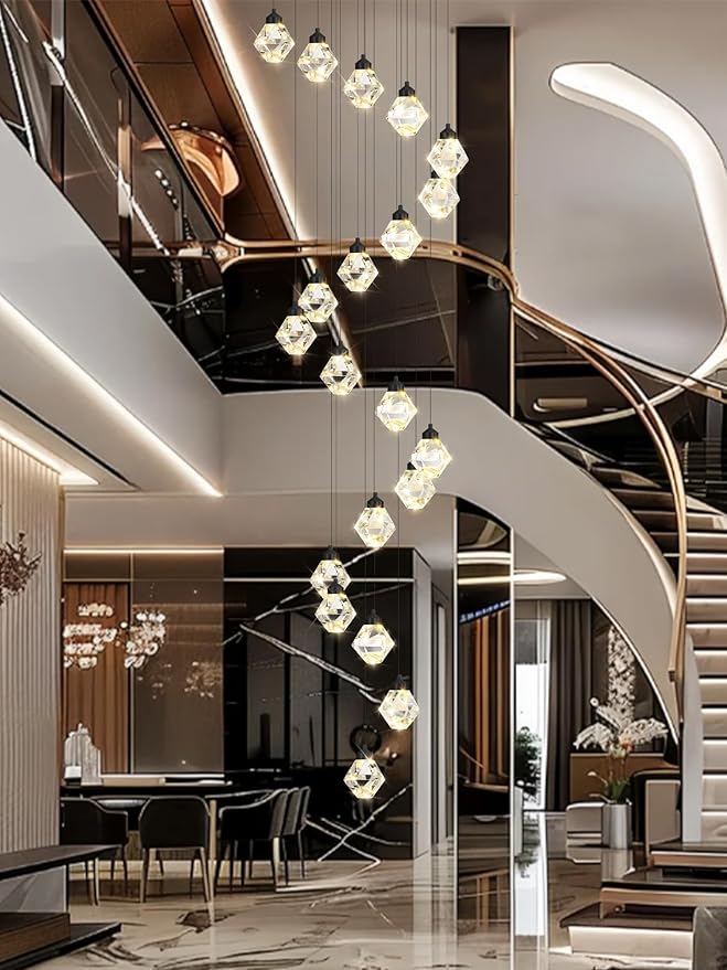 H142in Modern Crystal Chandeliers Large Chandeliers for High Ceiling Black Pendant Light Fixture 26-Lights Large Pendant Light for Staircase Living Room Hallway Entryway