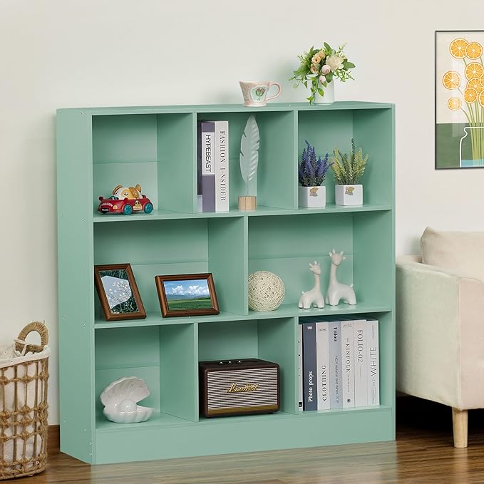 LEYAOYAO 8 Cube Bookshelf with Base,3 Tier Modern Mint-Green Kids Bookcase,Standing Wide Bookshelfs Storage Organizer Toy Shelf,Wood Display Children's Book Shelves for Bedroom,Living Room,Nursery