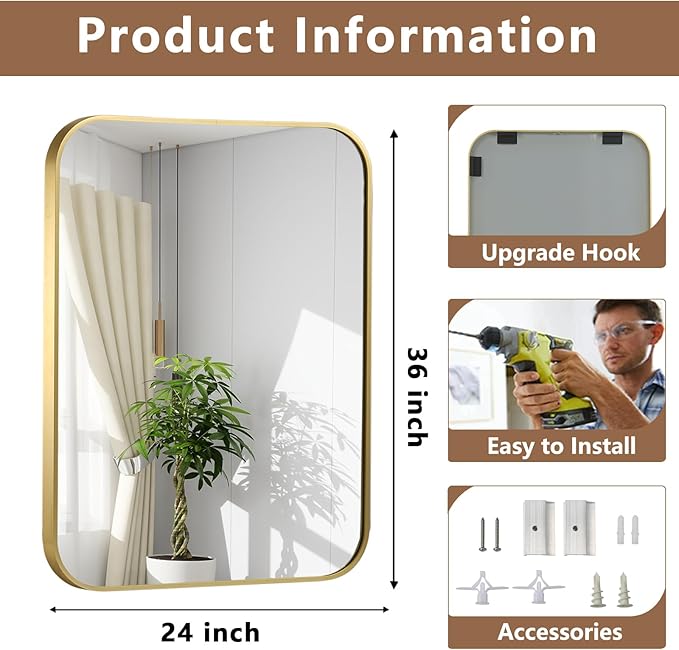 Brushed Gold Mirror, 24"x36" Rectangle Bathroom Mirror, Metal Frame Rectangle Corner Vanity Mirror, Wall Mounted Mirror for Modern, Living Room, Bedroom, Horizontal Or Vertical