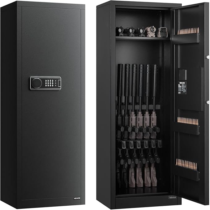 VEVOR 6-8 Gun Safe, Long Gun Cabinet for Rifles and Pistols, Quick Access Fireproof Rifle Safe with 3 Ammo Slots and 2 Adjustable Racks, Large Digital Cabinet with Key and Password Lock