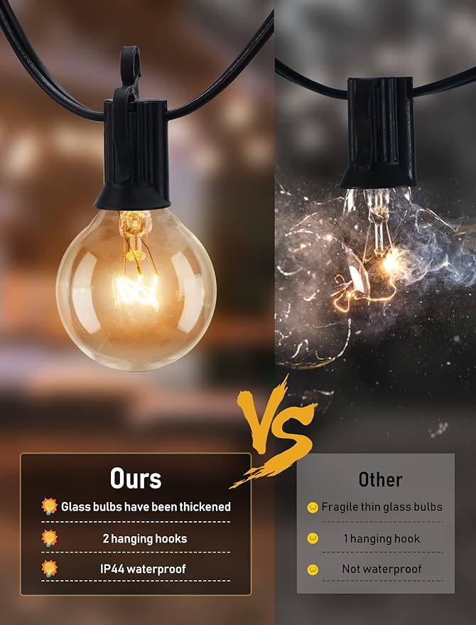 Brightown Outdoor String Lights 25FT G40 Globe Patio Lights with 27 Edison Glass Bulbs(2 Spare), Waterproof Connectable Hanging Light for Backyard Porch Balcony Party Decor, E12 Socket Base, Black