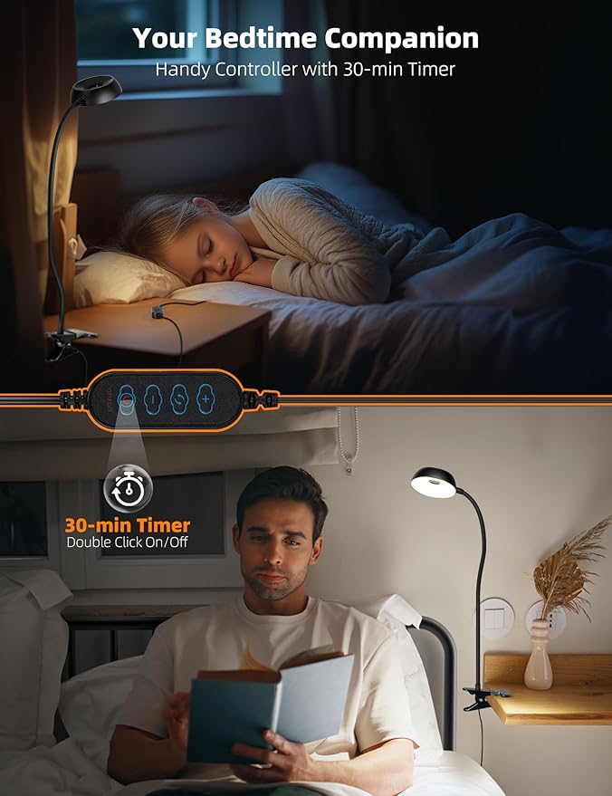 【Clip on Lamp】 10-Level Dimming & 5 Color Modes LED Book Light, Flexible Gooseneck Reading Light for Beds, Desks, Headboards - Eye-Friendly Night Light for Kids/Adults (Black)