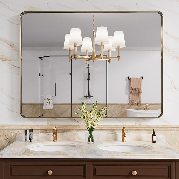 Bronze Bathroom Mirror 48x30 Inch, Brushed Bronze Metal Frame Mirror for Wall, Rounded Rectangle Bathroom Vanity Mirror with Tempered Glass, Anti-Rust, Horizontal/Vertical