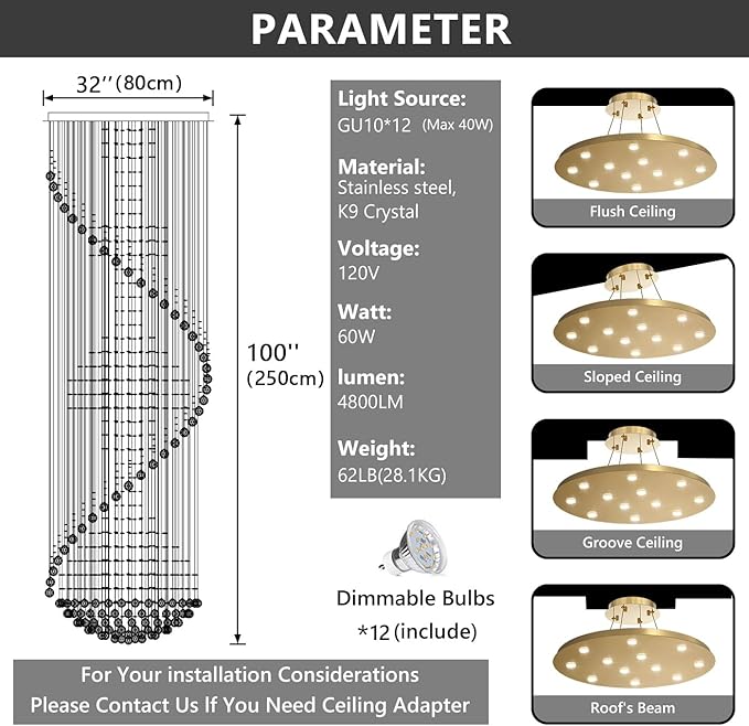 98'' Crystal Chandelier High Ceiling Chandeliers for Staircaes Large Raindrop Chandeliers LED Dimmable Flush Mount Light Fixtures for Foyer Hallway Entryway LED Bulbs Included Gold