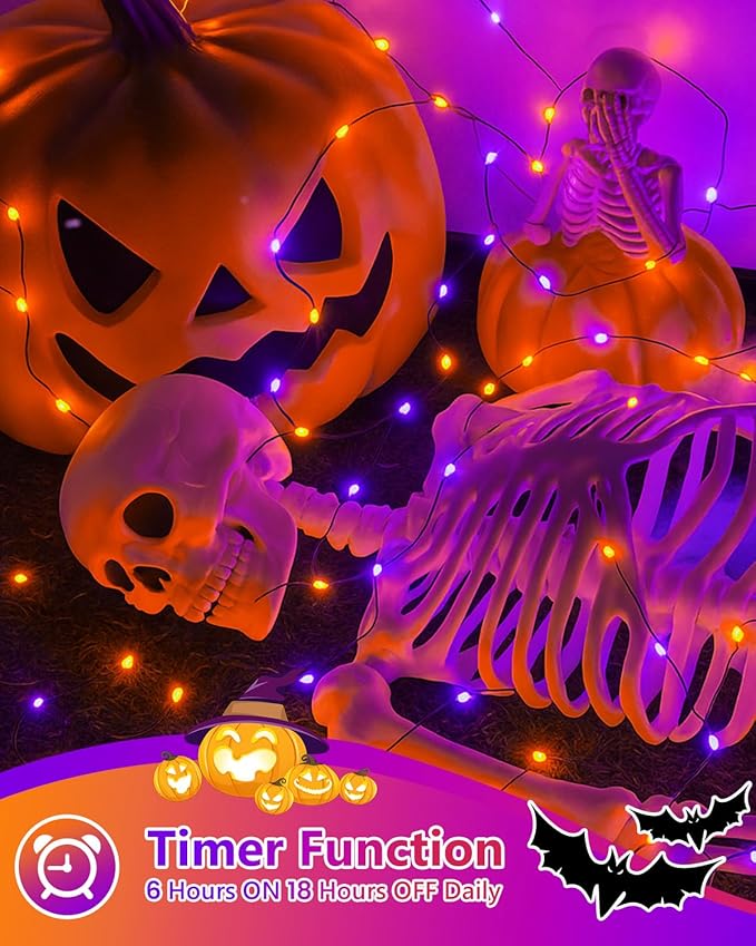 4 Pack 60LED Orange & Purple Fairy Lights Battery Operated with Timer, 20FT Waterproof Halloween Lights Outdoor Indoor, Black Wire String Lights for Bedroom, Party, Centerpiece, Halloween Decorations