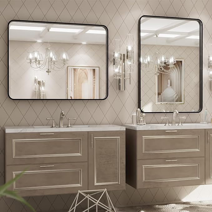 LOAAO 32x36 Inch Black Metal Framed Bathroom Mirror for Wall, Matte Black Bathroom Vanity Mirror Farmhouse, Large Rounded Rectangle Mirror, Anti-Rust, Tempered Glass, Hangs Horizontally or Vertically