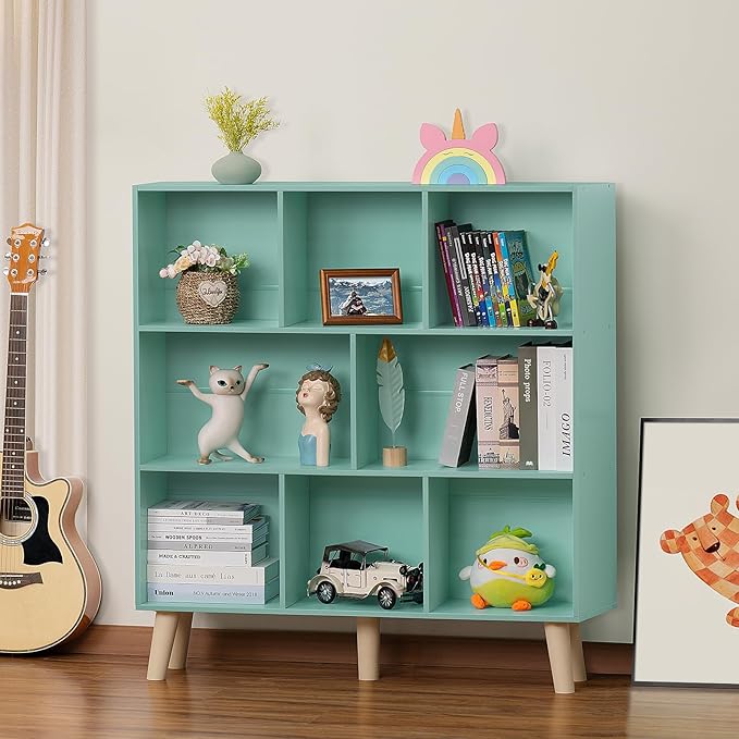 LEYAOYAO 8 Cube Bookshelf 3-Tier Bookcase with Legs, Mint-Green Kids Book Shelf Cute Storage Organizer, Large Open Toy Shelves Modern Bookshelfs,Display Bookcases for Bedroom,Living Room,Nursery