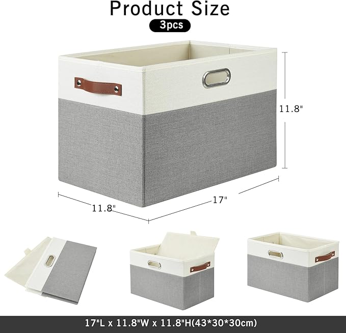 Large Collapsible Fabric Storage Bins with 3 Handles, Foldable Organizer Baskets for Closet, Shelves, Living Room | 3 Pack, Durable PU &amp; Metal Handles (17"x11.8"x11.8", Gray &amp; White)